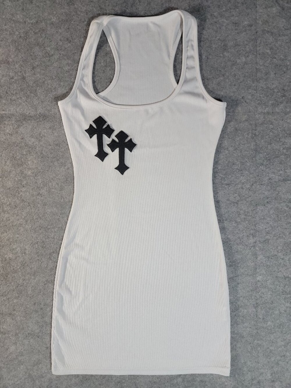 White Ribbed Bodycon Mini Dress Black Gothic Cross Patches Womens Size Small